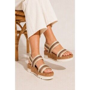 Steve Madden Bandi Sandals 8.5M Cork Platform Striped Stretch Strap Wedge